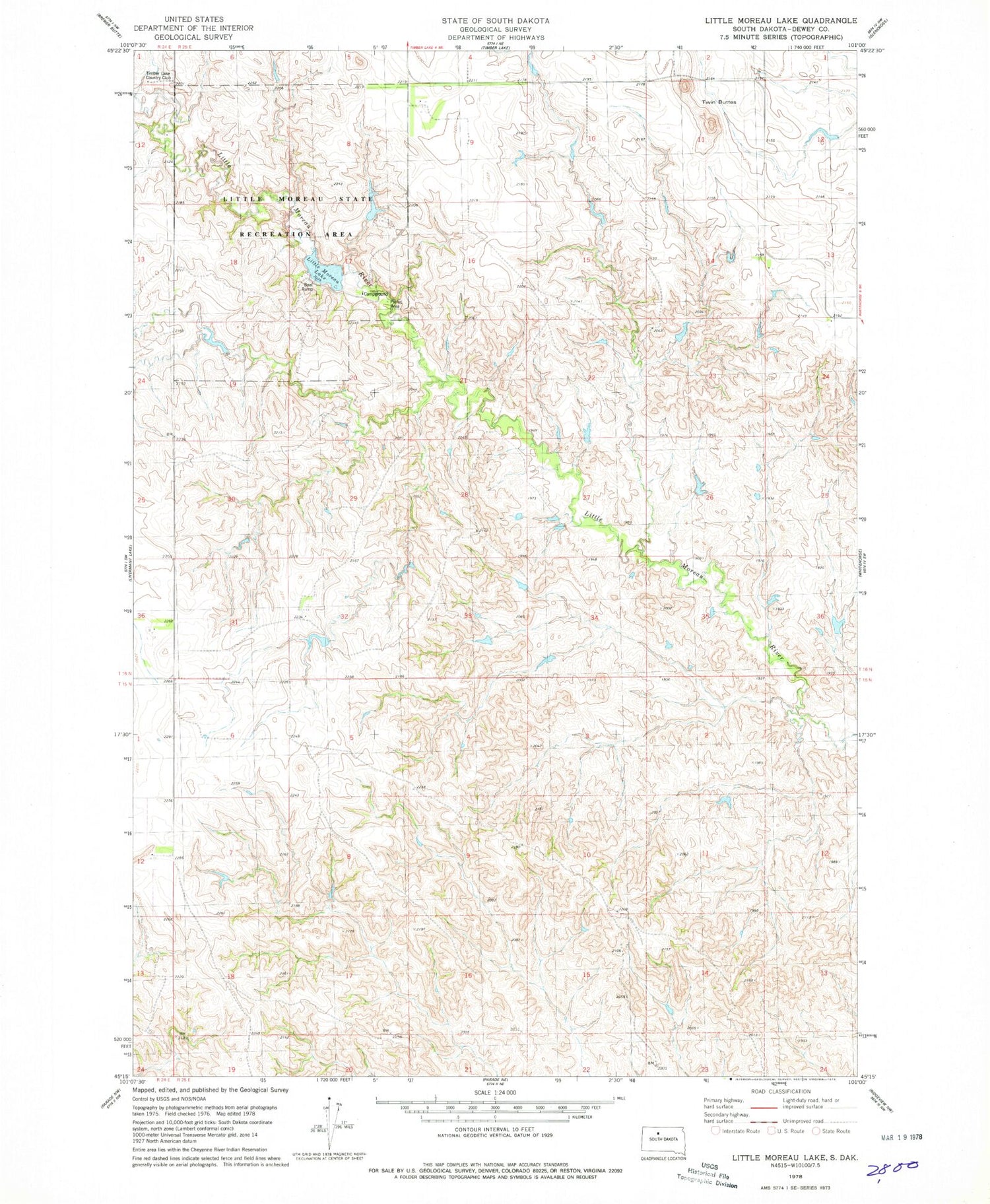 Classic USGS Little Moreau Lake South Dakota 7.5'x7.5' Topo Map Image