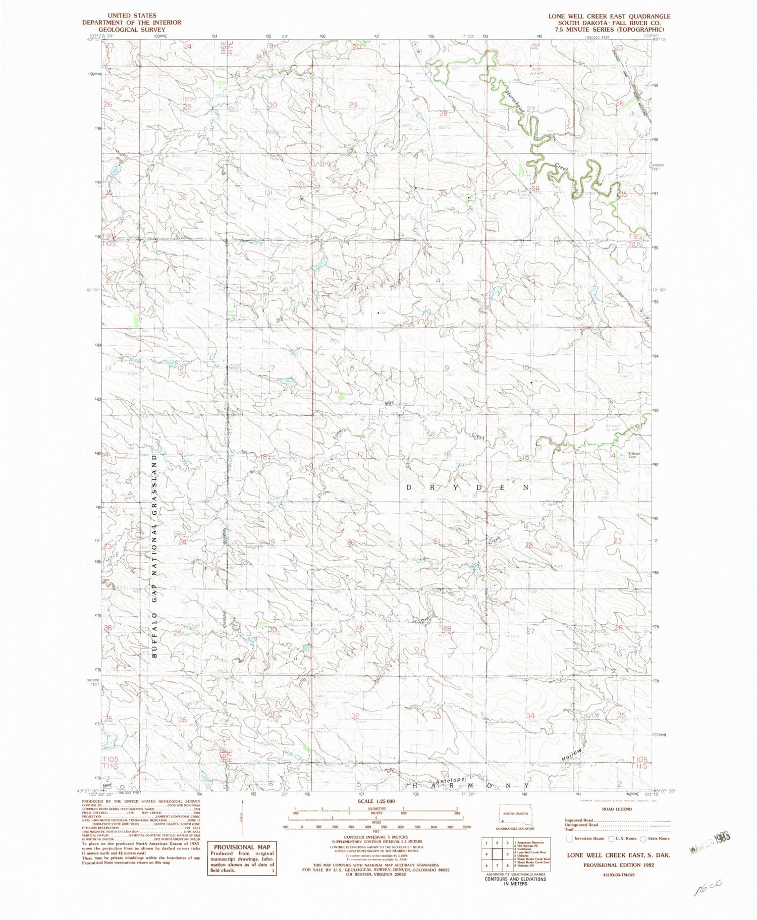 Classic USGS Lone Well Creek East South Dakota 7.5'x7.5' Topo Map Image