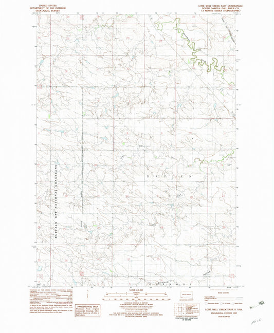 Classic USGS Lone Well Creek East South Dakota 7.5'x7.5' Topo Map Image