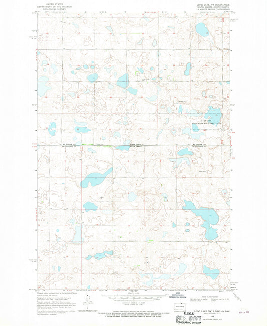 Classic USGS Long Lake NW South Dakota 7.5'x7.5' Topo Map Image