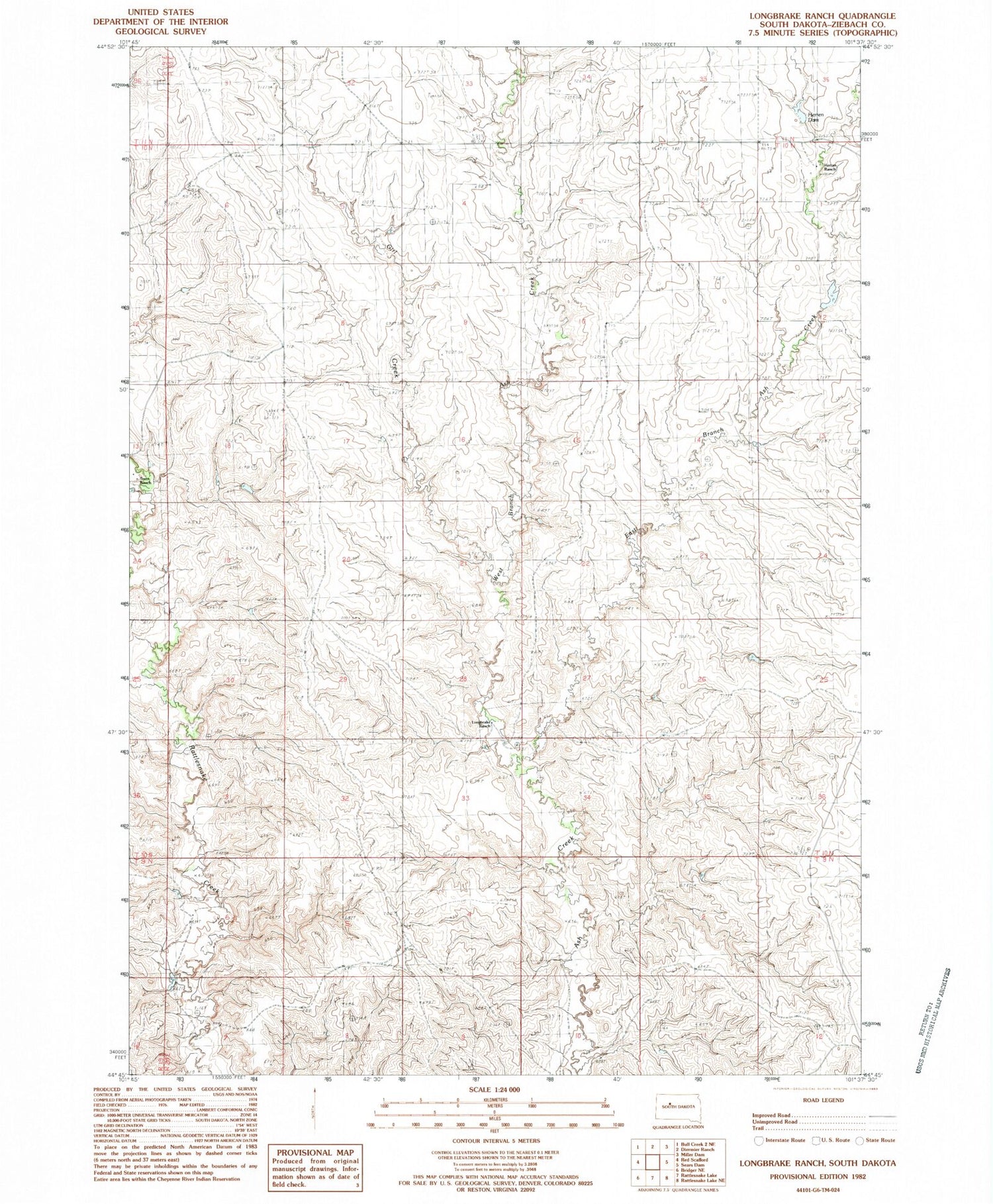 Classic USGS Longbrake Ranch South Dakota 7.5'x7.5' Topo Map Image