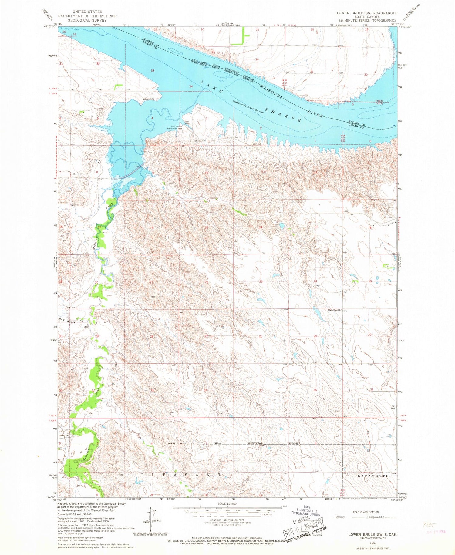Classic USGS Lower Brule SW South Dakota 7.5'x7.5' Topo Map Image