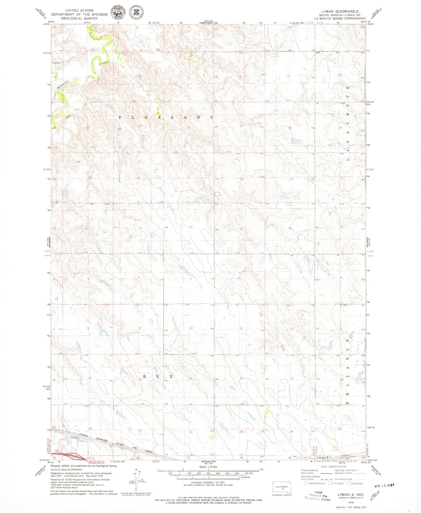 Classic USGS Lyman South Dakota 7.5'x7.5' Topo Map Image