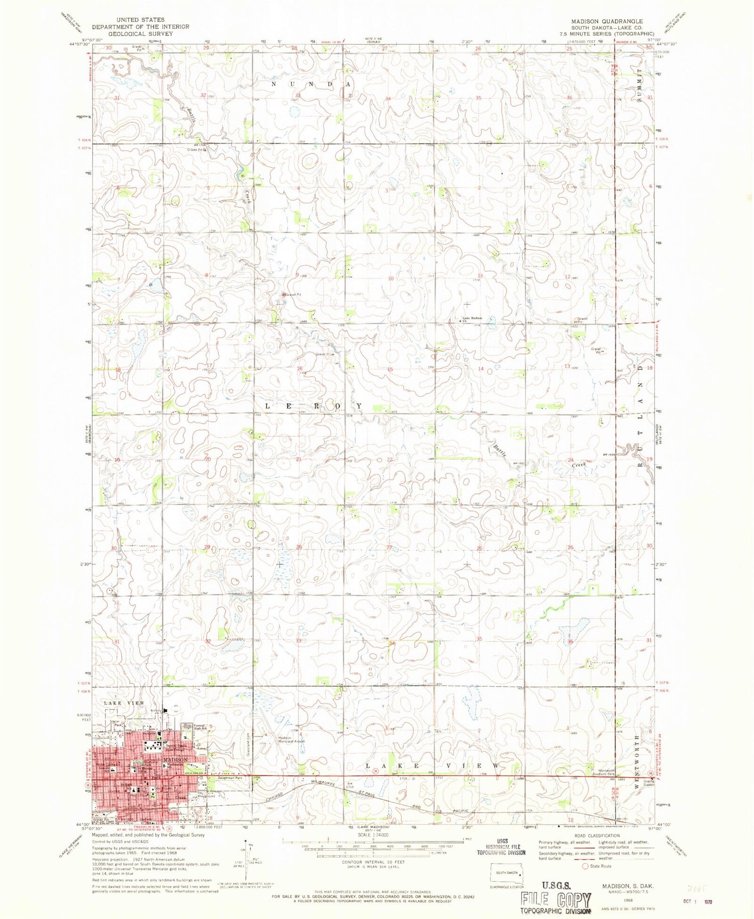 Classic USGS Madison South Dakota 7.5'x7.5' Topo Map Image