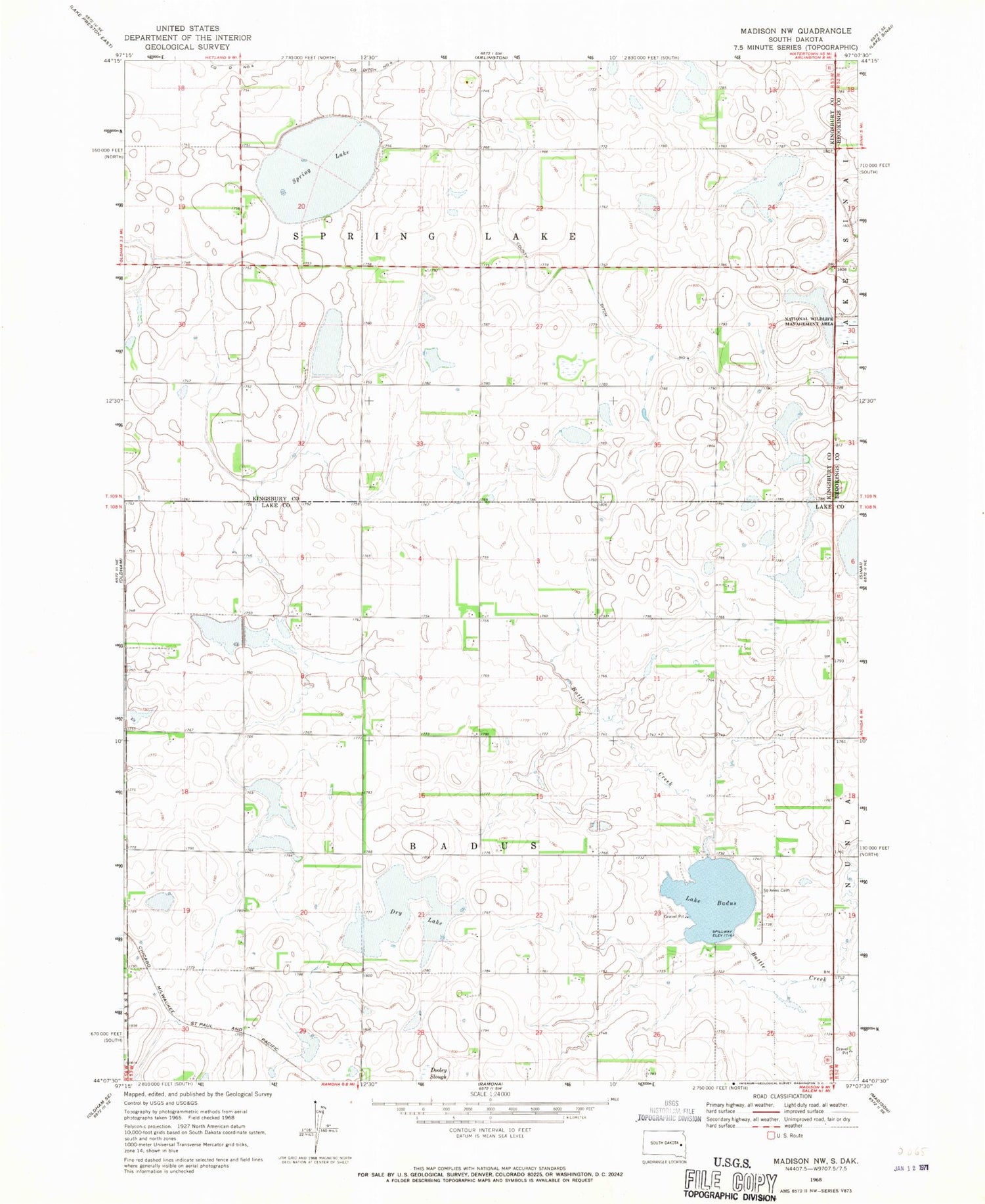 Classic USGS Madison NW South Dakota 7.5'x7.5' Topo Map Image
