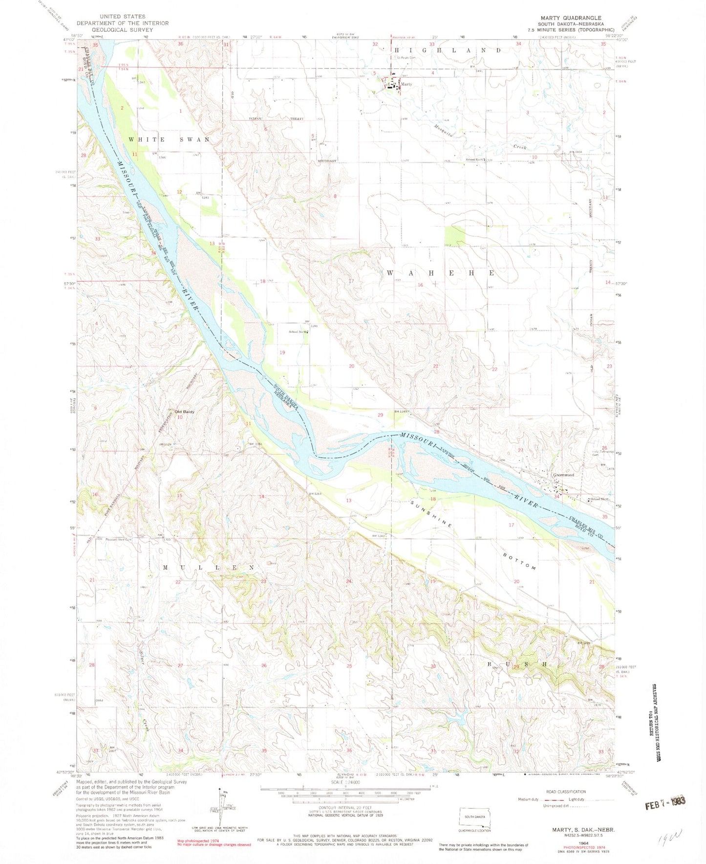 Classic USGS Marty South Dakota 7.5'x7.5' Topo Map Image