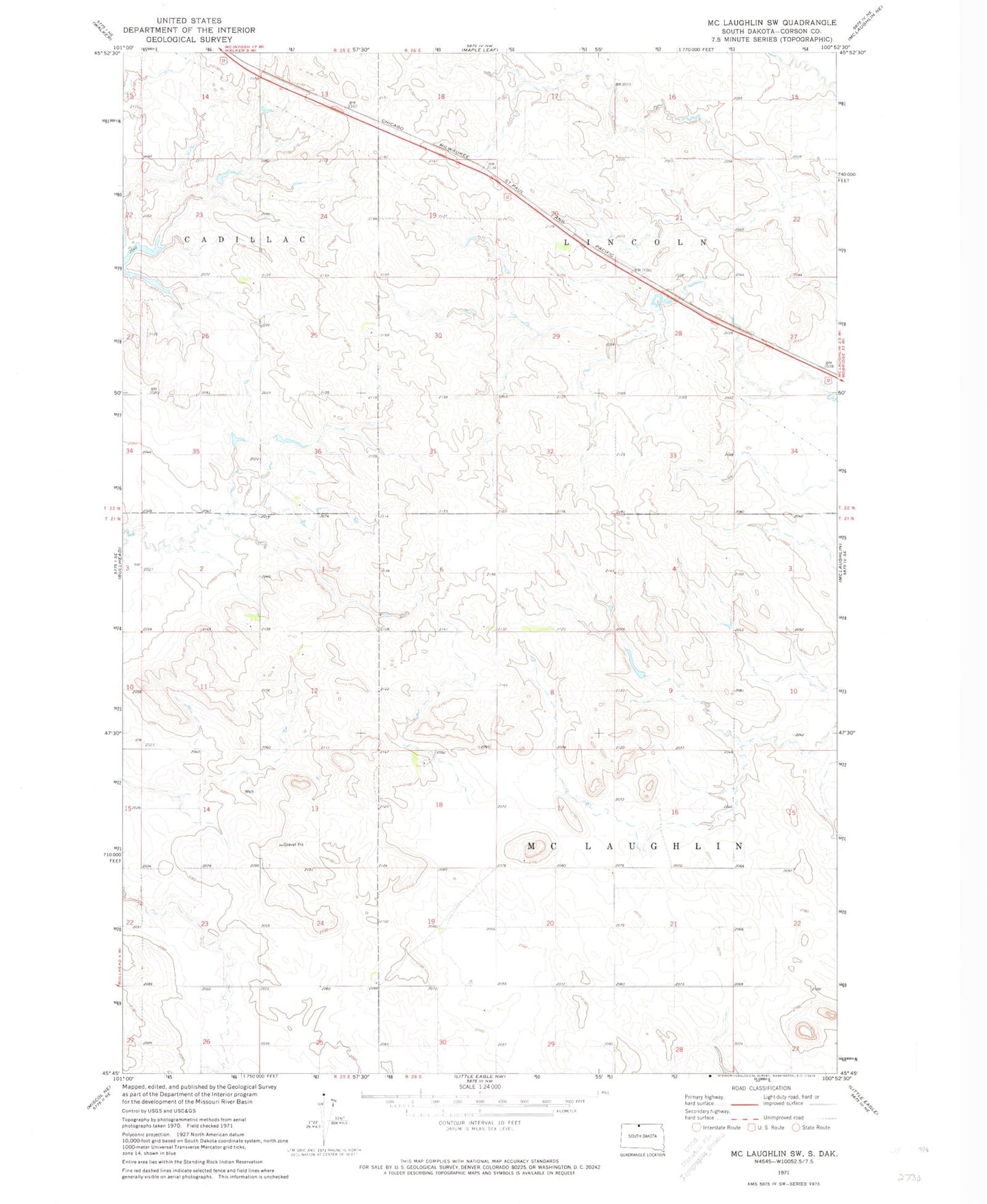 Classic USGS McLaughlin SW South Dakota 7.5'x7.5' Topo Map Image