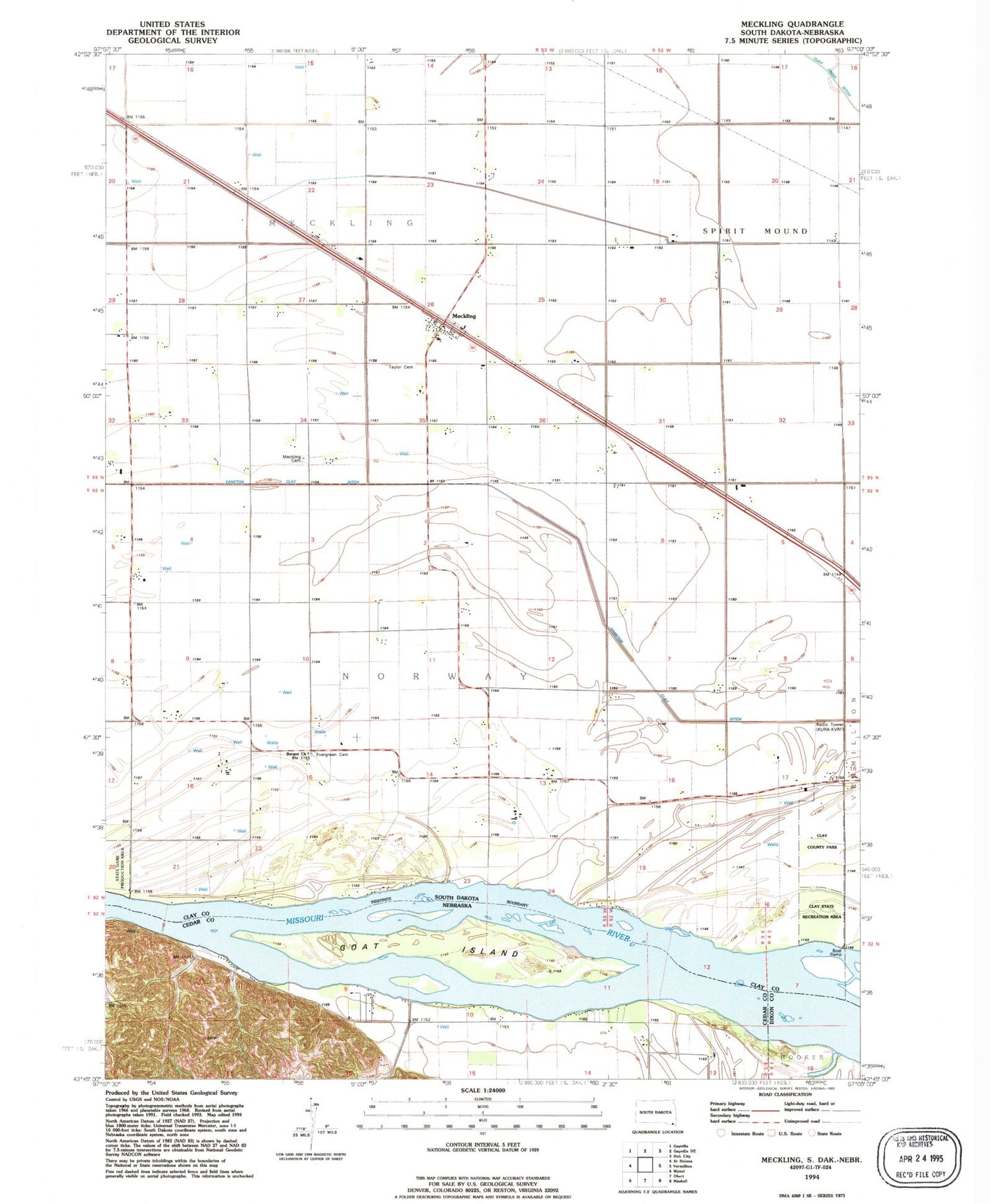 Classic USGS Meckling South Dakota 7.5'x7.5' Topo Map Image