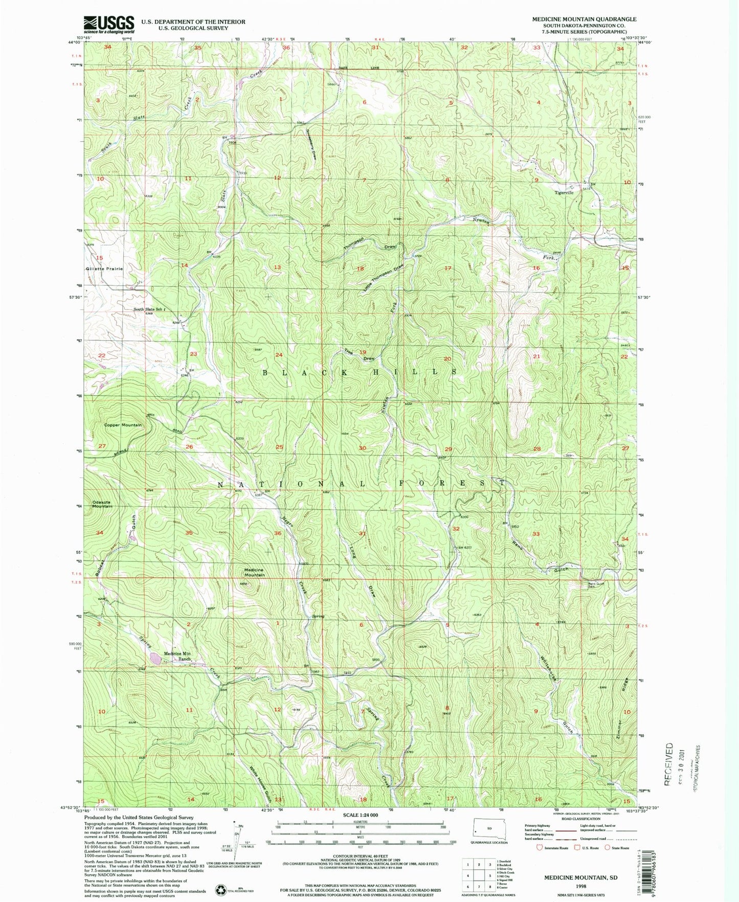 Classic USGS Medicine Mountain South Dakota 7.5'x7.5' Topo Map Image