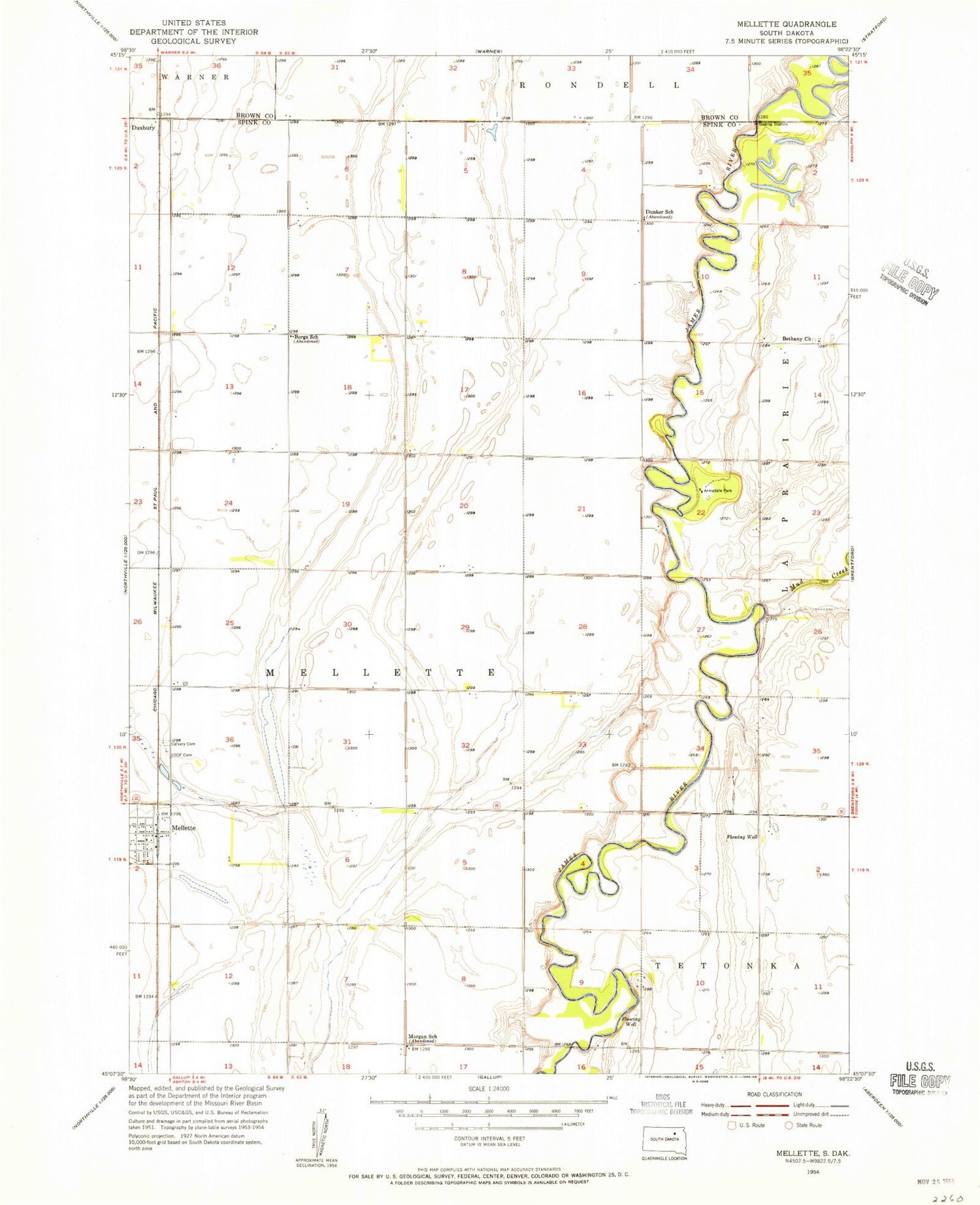 Classic USGS Mellette South Dakota 7.5'x7.5' Topo Map Image