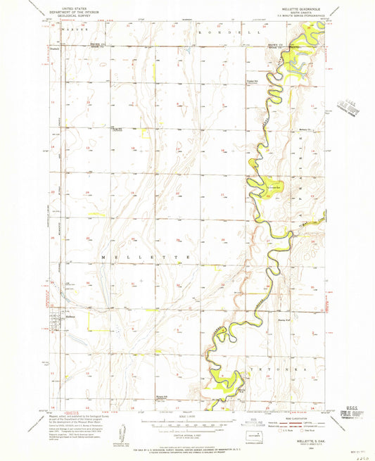 Classic USGS Mellette South Dakota 7.5'x7.5' Topo Map Image