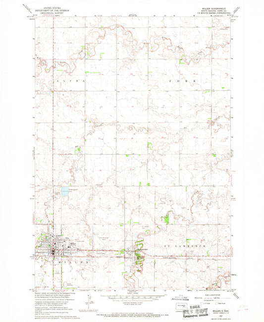 Classic USGS Miller South Dakota 7.5'x7.5' Topo Map Image