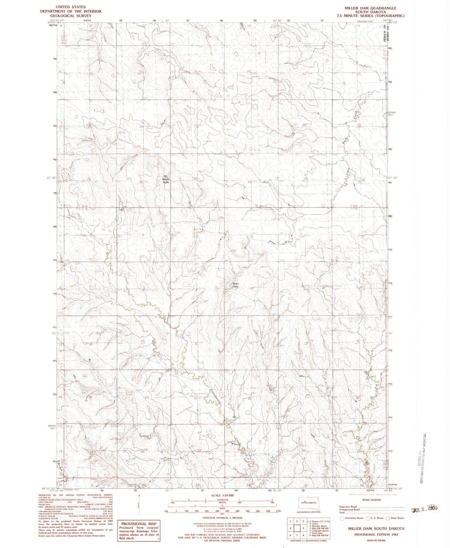 Classic USGS Miller Dam South Dakota 7.5'x7.5' Topo Map Image