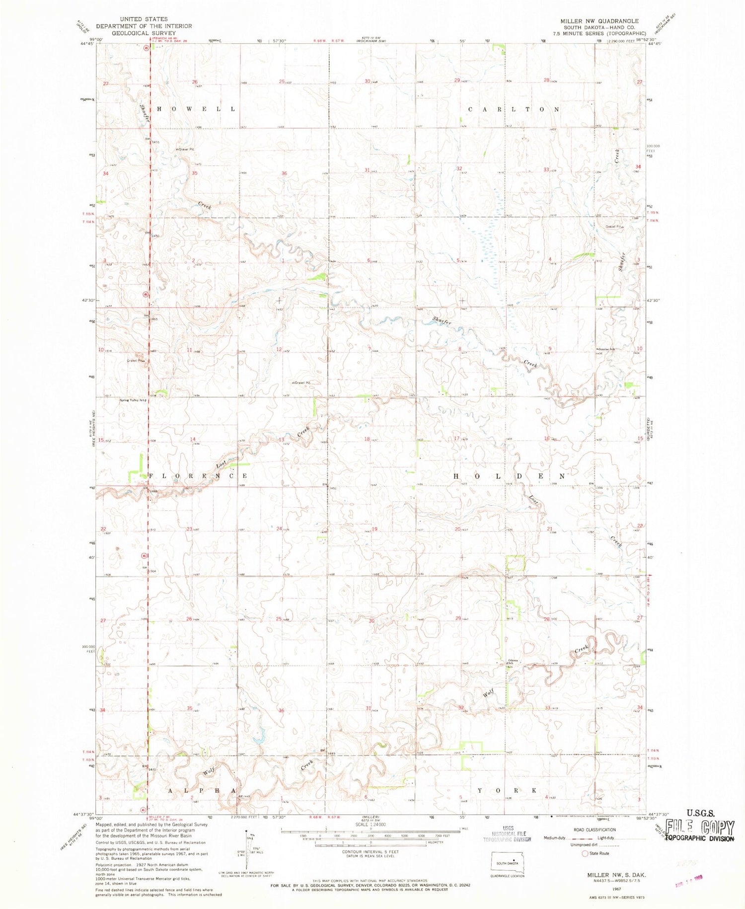 Classic USGS Miller NW South Dakota 7.5'x7.5' Topo Map Image