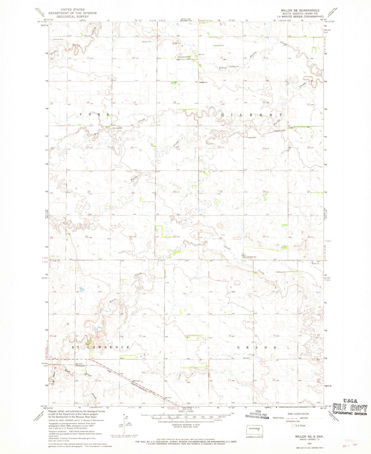 Classic USGS Miller SE South Dakota 7.5'x7.5' Topo Map Image