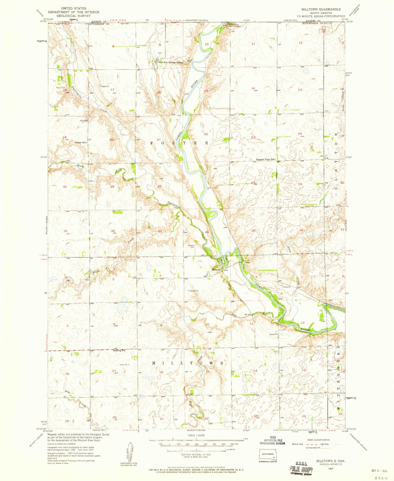 Classic USGS Milltown South Dakota 7.5'x7.5' Topo Map Image