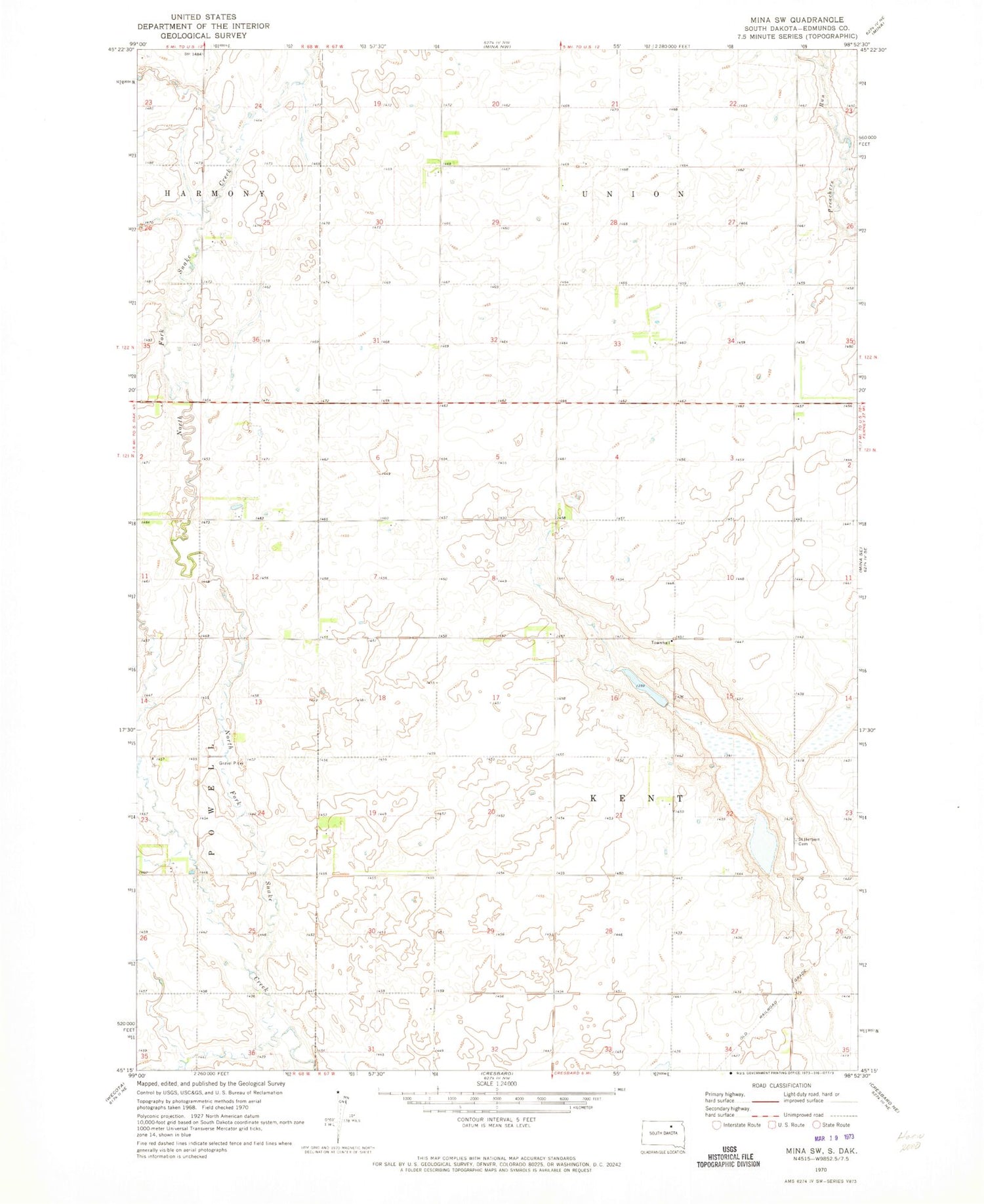 Classic USGS Mina SW South Dakota 7.5'x7.5' Topo Map Image