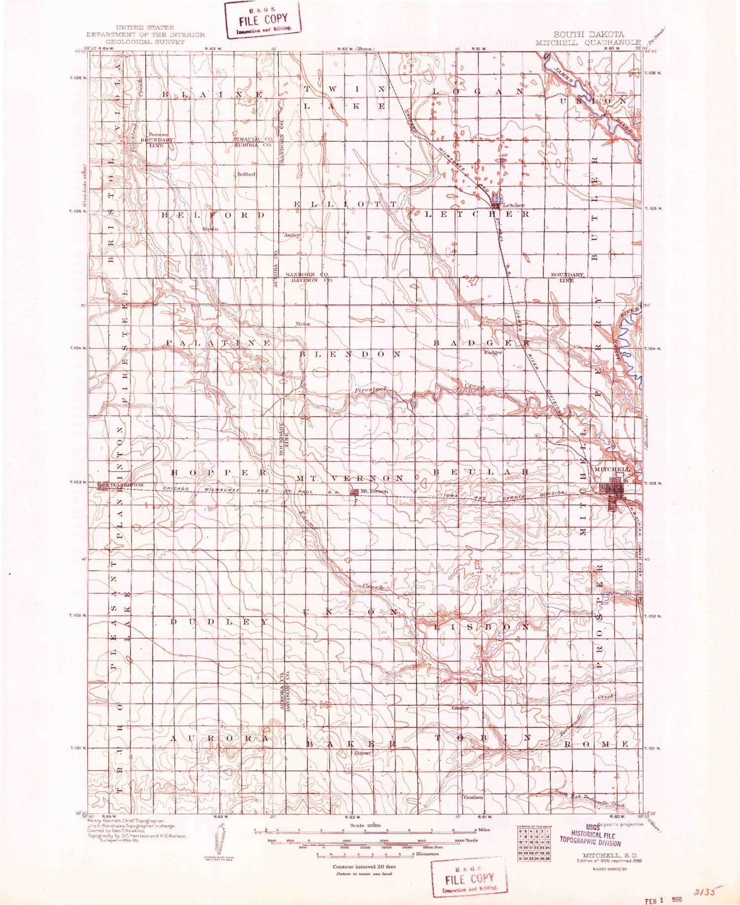 Historic 1899 Mitchell South Dakota 30'x30' Topo Map Image