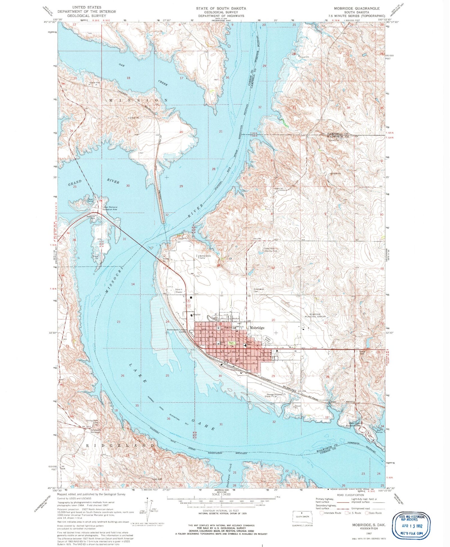 Classic USGS Mobridge South Dakota 7.5'x7.5' Topo Map Image