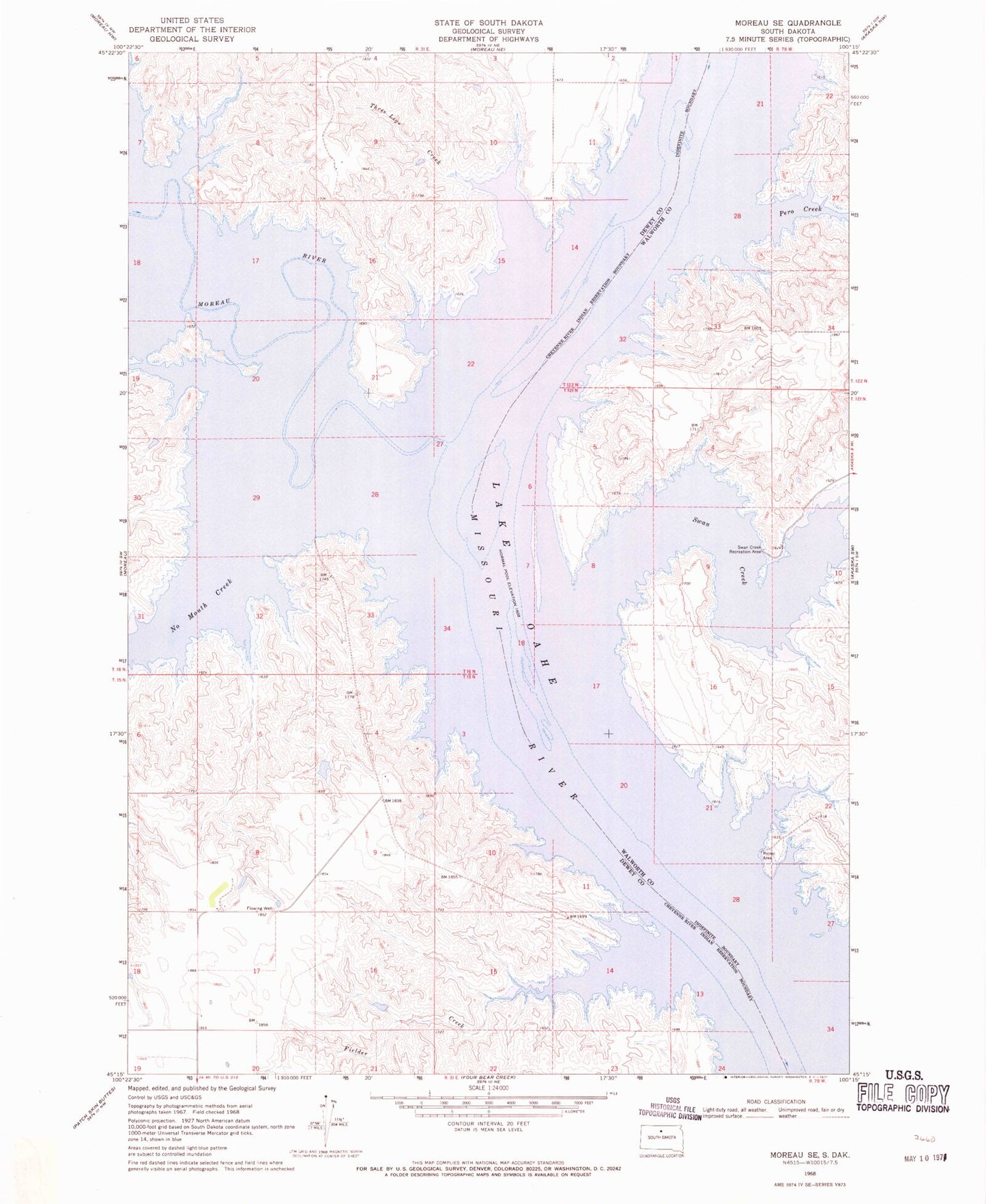 Classic USGS Moreau SE South Dakota 7.5'x7.5' Topo Map Image