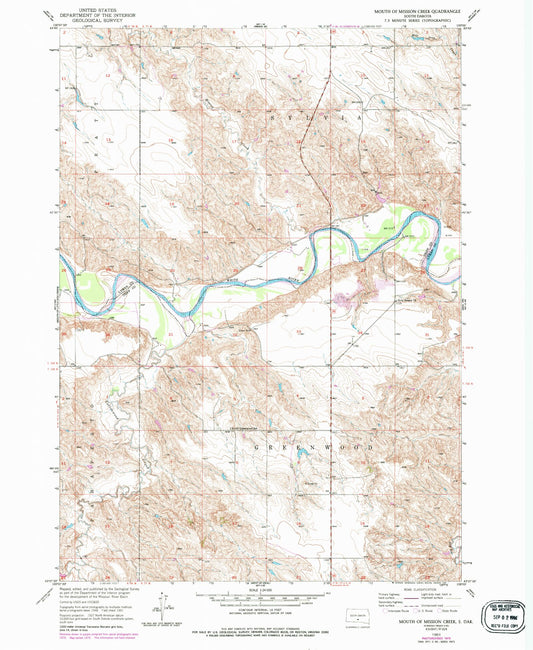 Classic USGS Mouth of Mission Creek South Dakota 7.5'x7.5' Topo Map Image