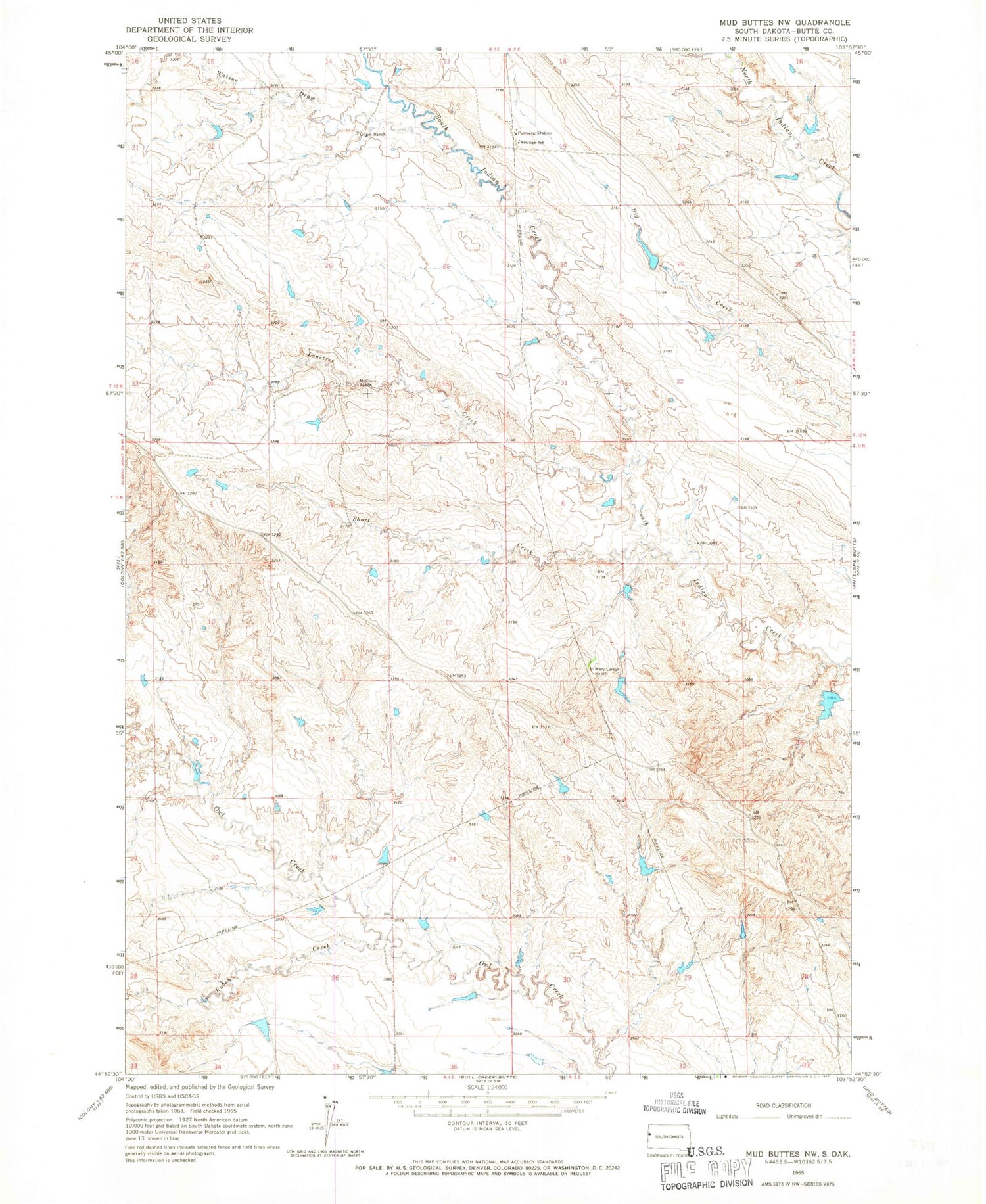 Classic USGS Mud Buttes NW South Dakota 7.5'x7.5' Topo Map Image