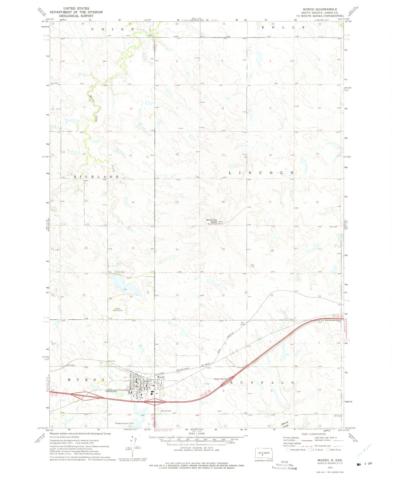 Classic USGS Murdo South Dakota 7.5'x7.5' Topo Map Image