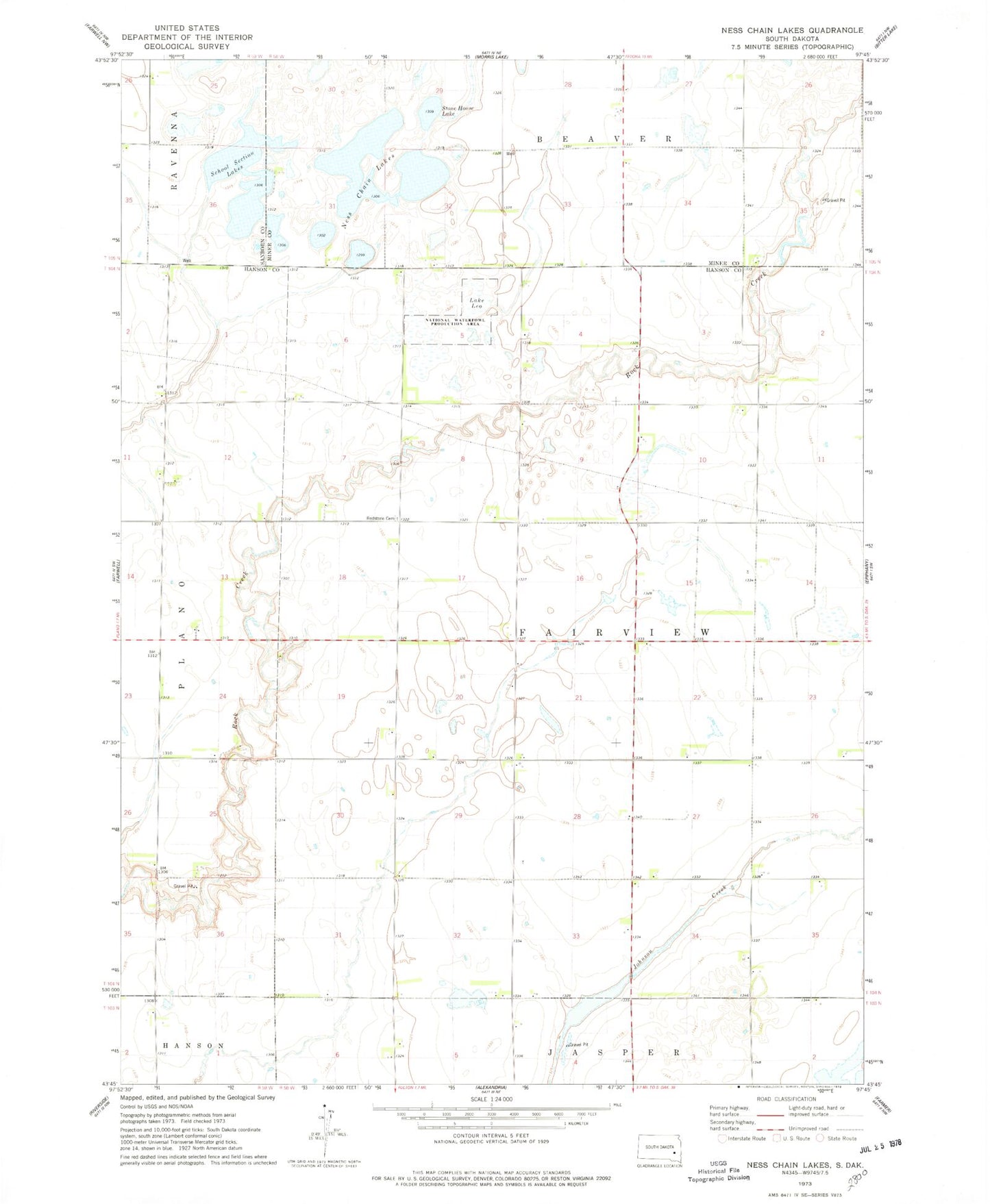 Classic USGS Ness Chain Lakes South Dakota 7.5'x7.5' Topo Map Image