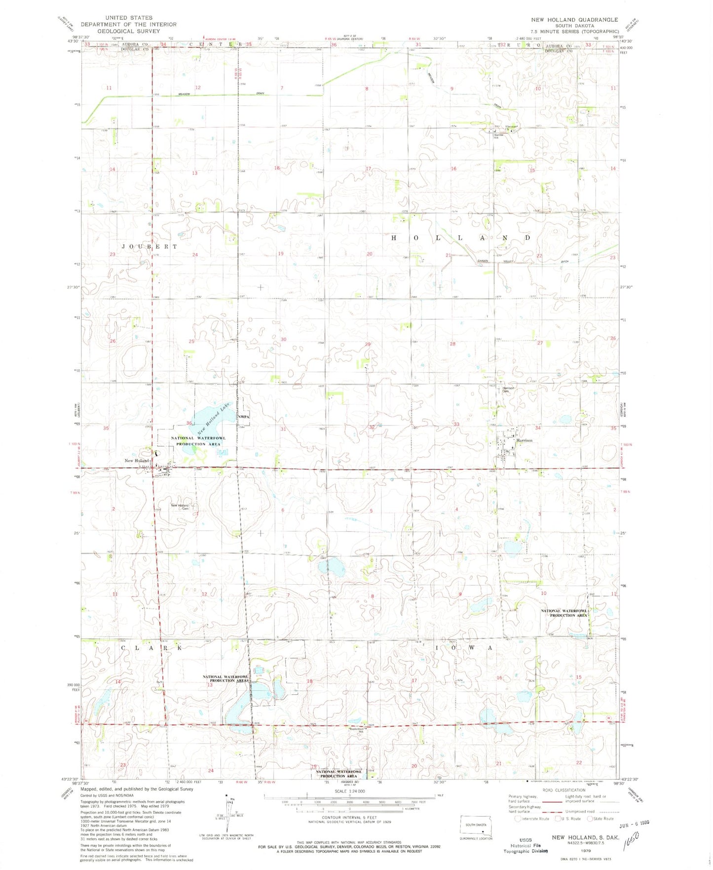 Classic USGS New Holland South Dakota 7.5'x7.5' Topo Map Image