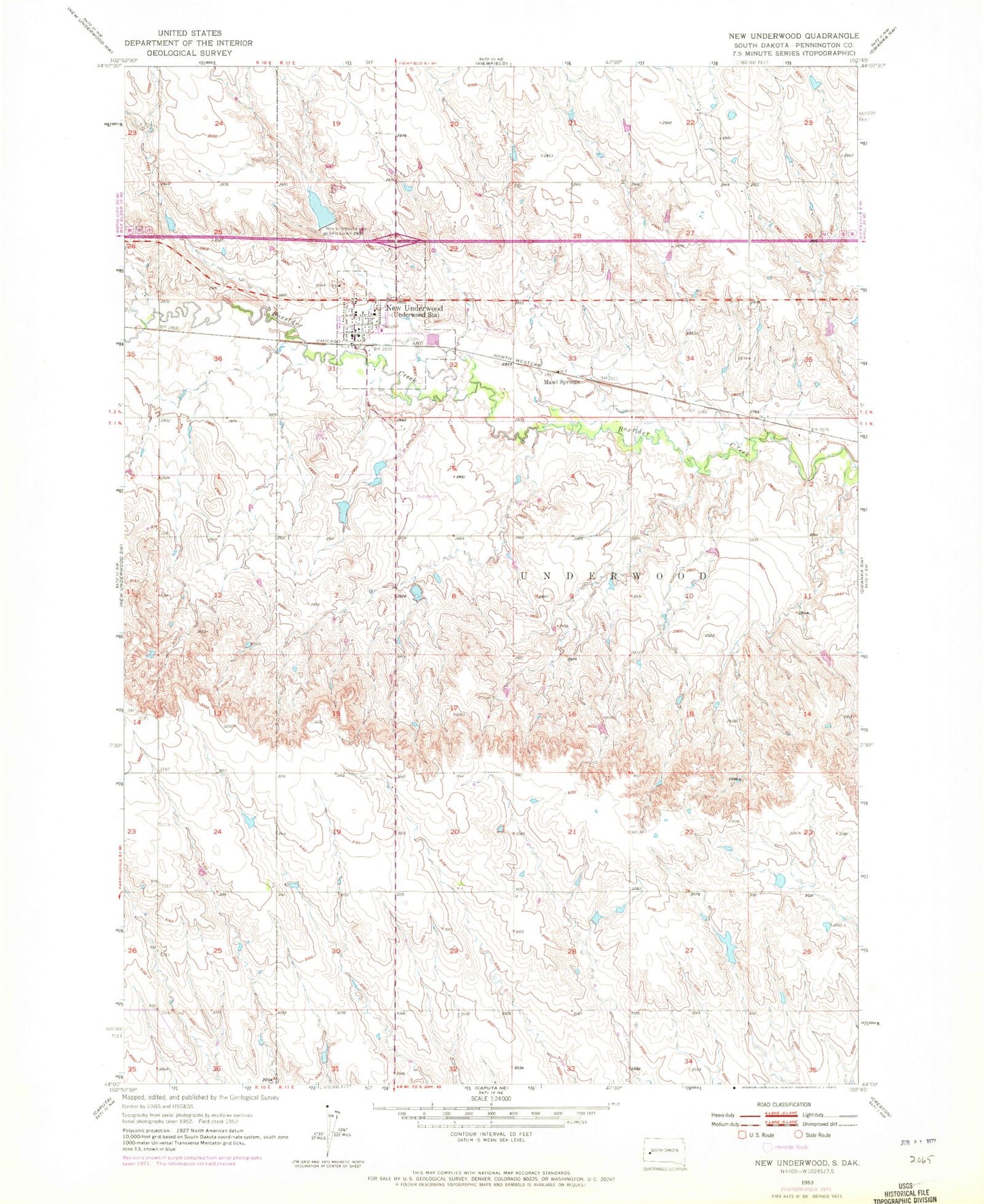 Classic USGS New Underwood South Dakota 7.5'x7.5' Topo Map Image