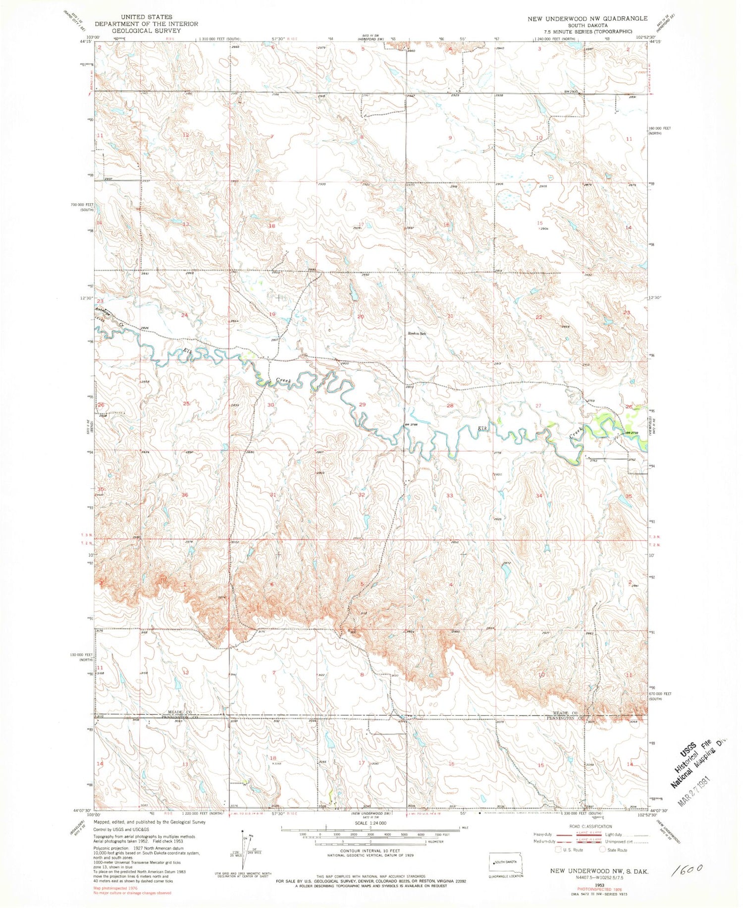 Classic USGS New Underwood NW South Dakota 7.5'x7.5' Topo Map Image
