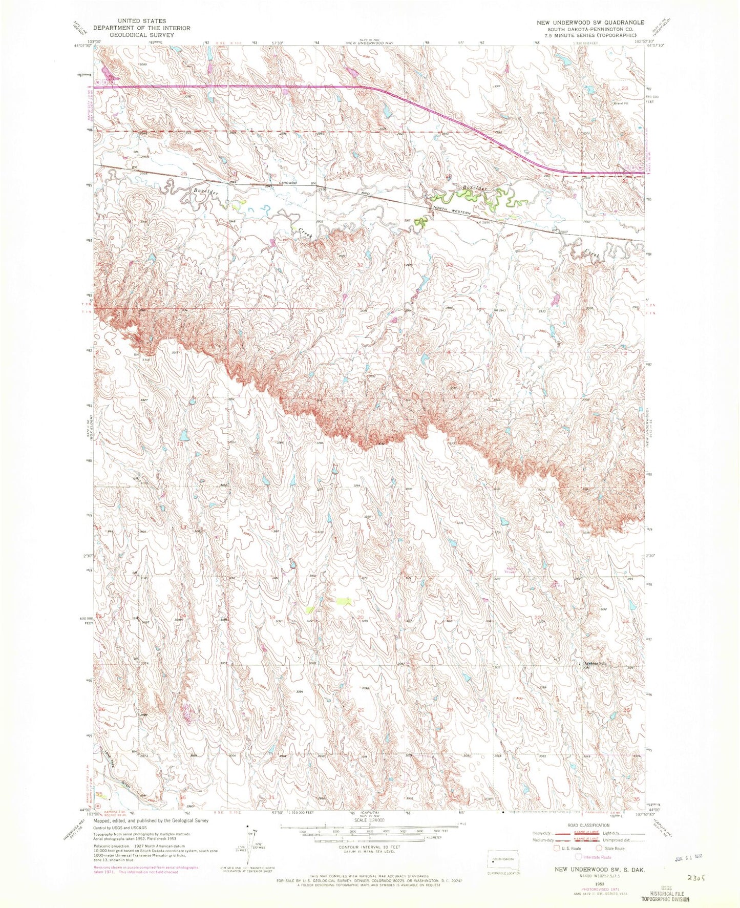 Classic USGS New Underwood SW South Dakota 7.5'x7.5' Topo Map Image