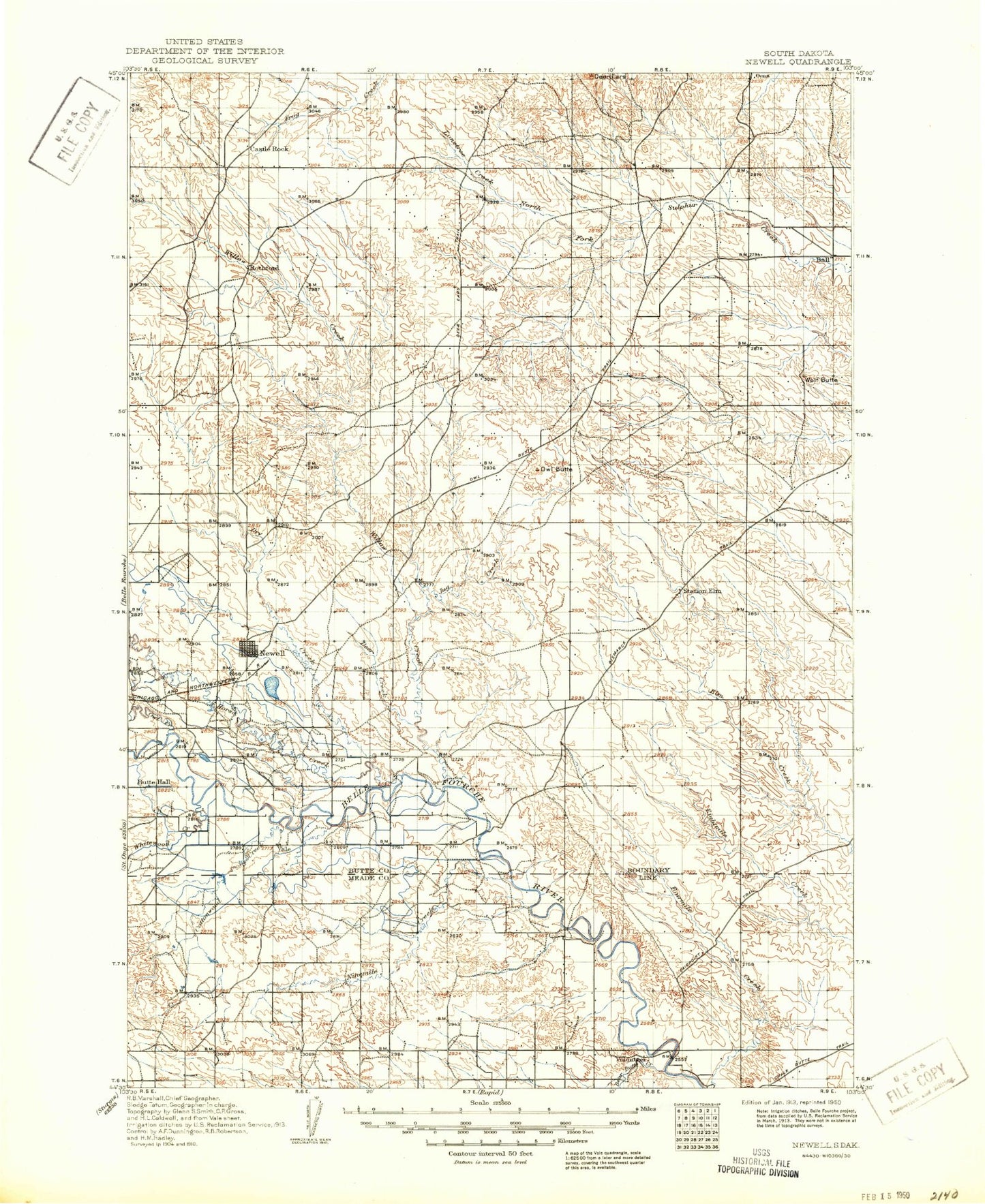 Historic 1913 Newell South Dakota 30'x30' Topo Map Image