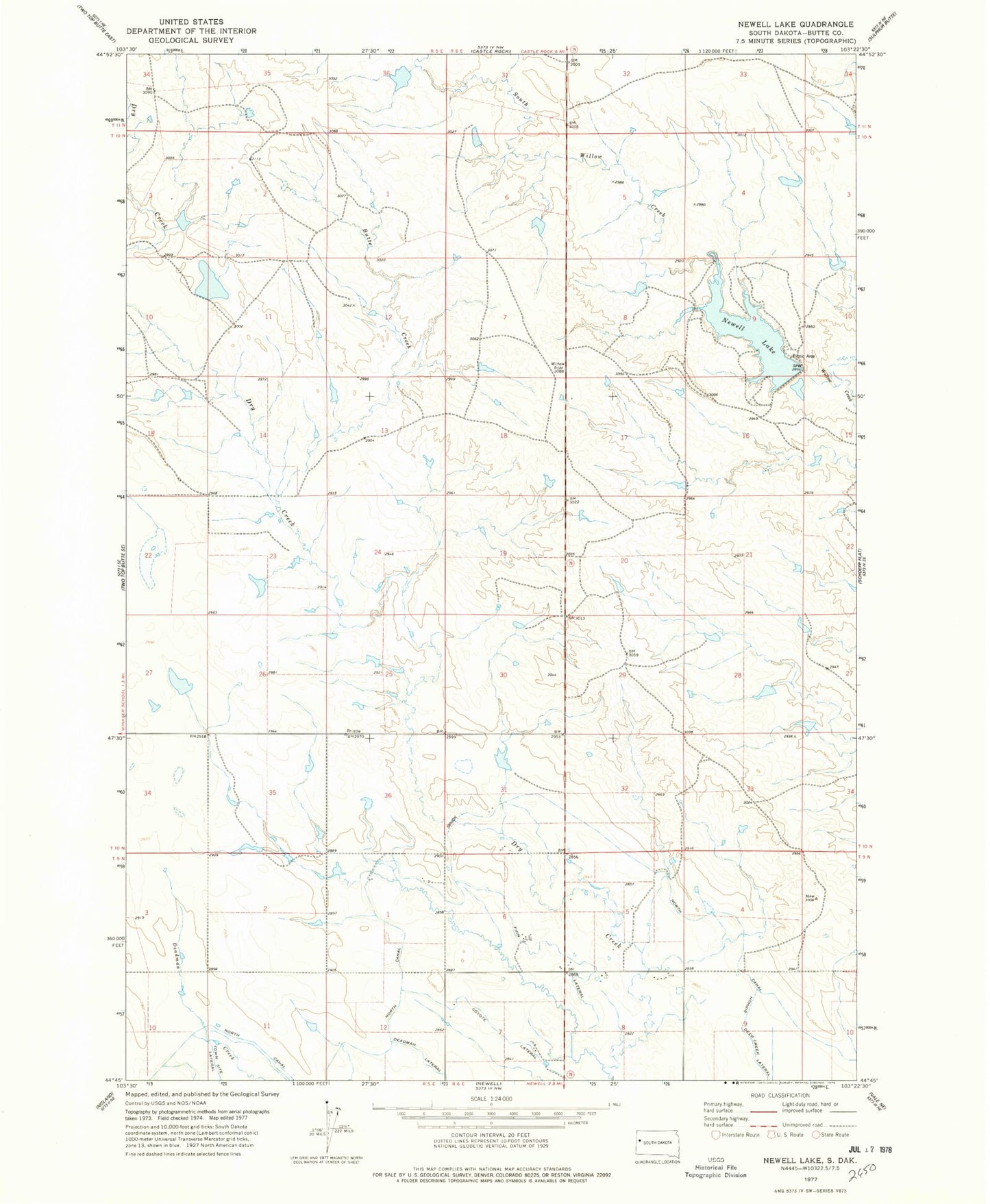 Classic USGS Newell Lake South Dakota 7.5'x7.5' Topo Map Image