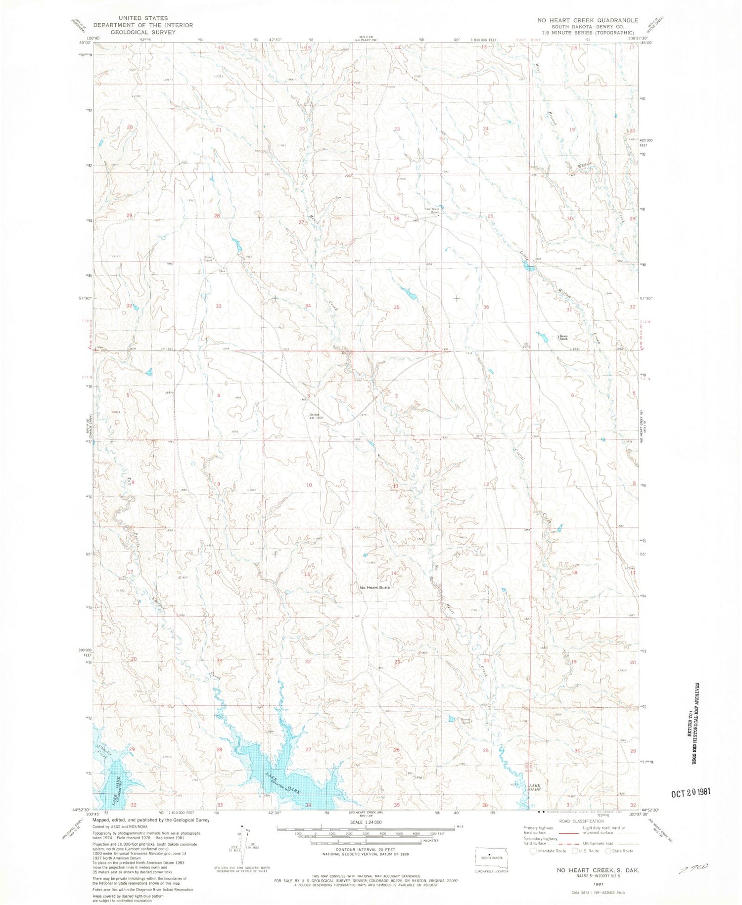 Classic USGS No Heart Creek South Dakota 7.5'x7.5' Topo Map Image