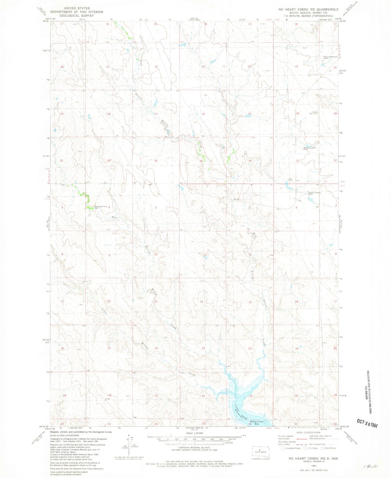 Classic USGS No Heart Creek NE South Dakota 7.5'x7.5' Topo Map Image
