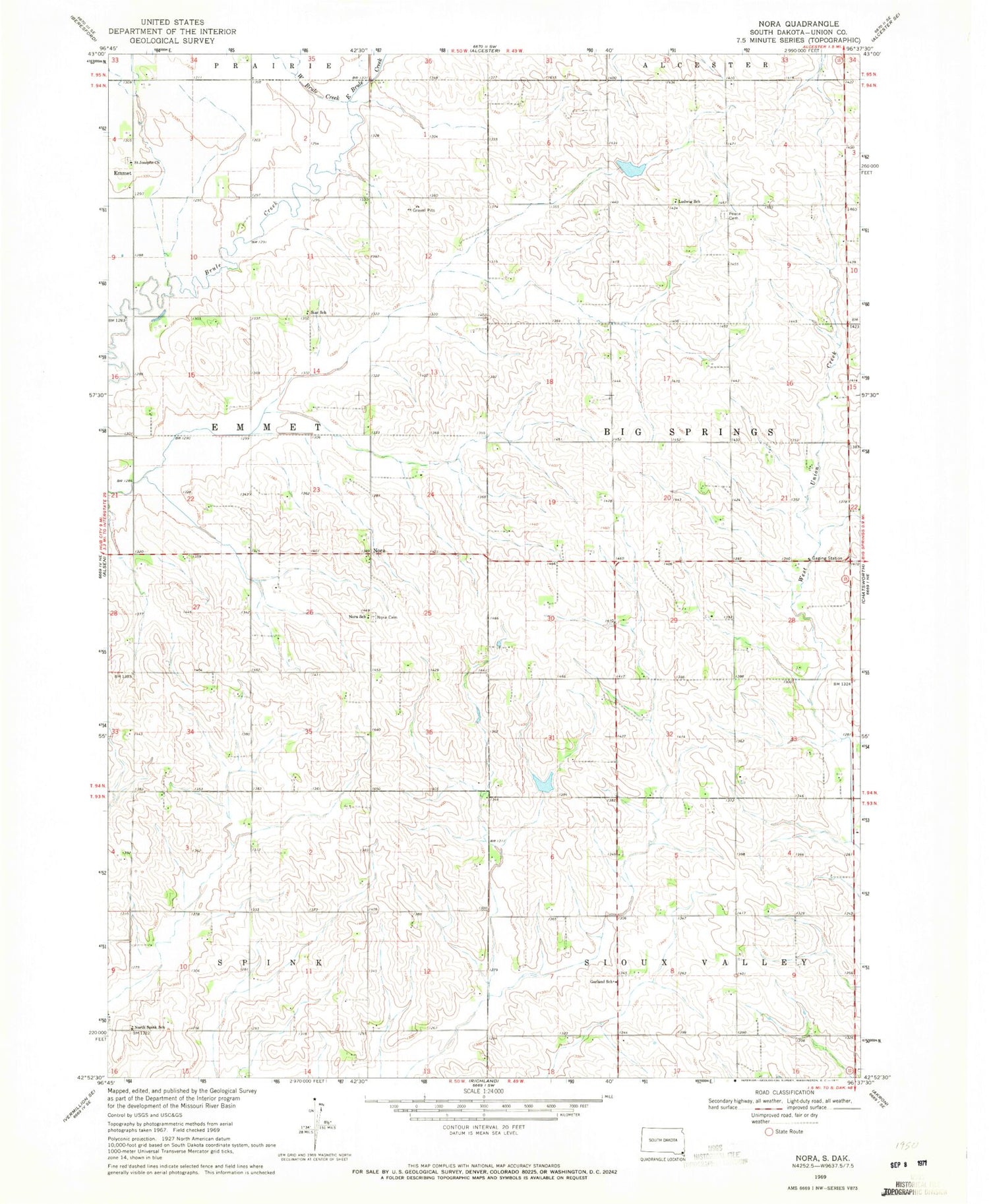 Classic USGS Nora South Dakota 7.5'x7.5' Topo Map Image