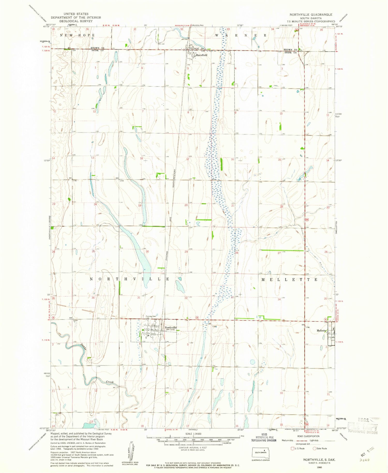 Classic USGS Northville South Dakota 7.5'x7.5' Topo Map Image