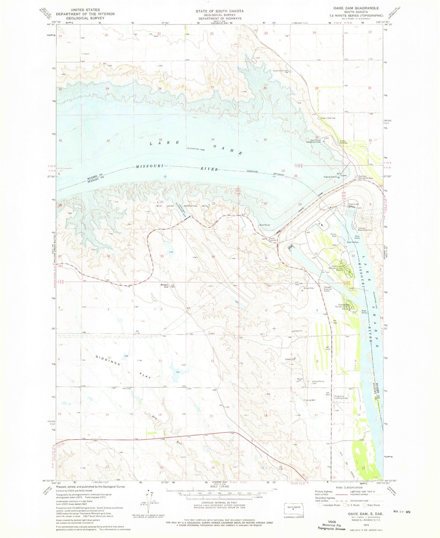 Classic USGS Oahe Dam South Dakota 7.5'x7.5' Topo Map Image