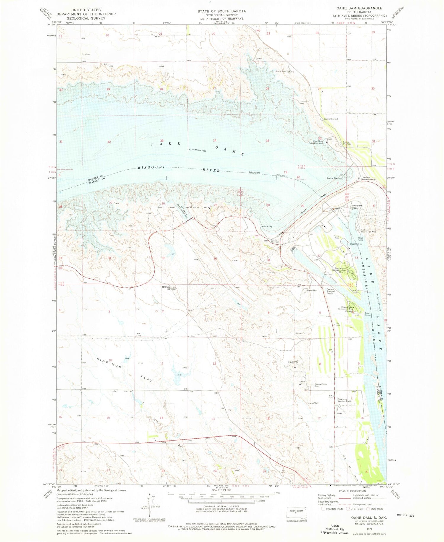 Classic USGS Oahe Dam South Dakota 7.5'x7.5' Topo Map Image