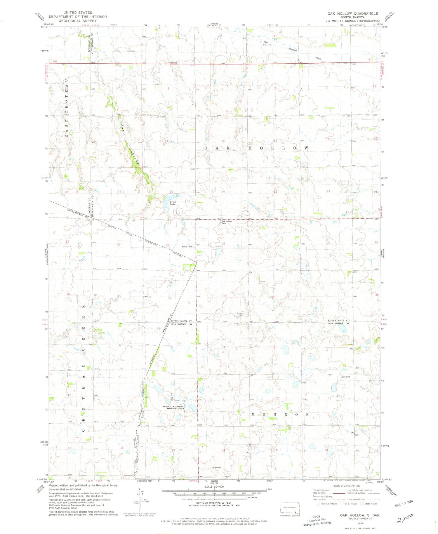 Classic USGS Oak Hollow South Dakota 7.5'x7.5' Topo Map Image