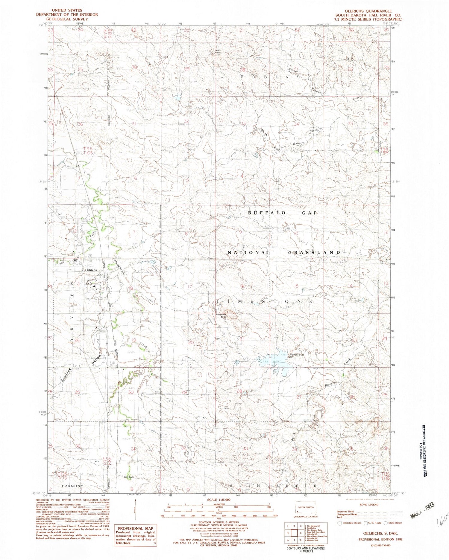 Classic USGS Oelrichs South Dakota 7.5'x7.5' Topo Map Image