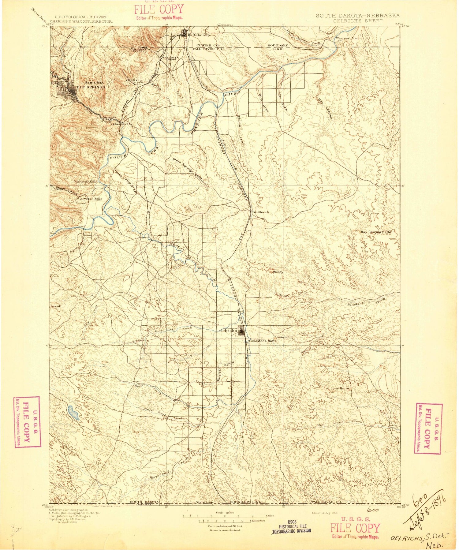 Historic 1896 Oelrichs South Dakota 30'x30' Topo Map Image