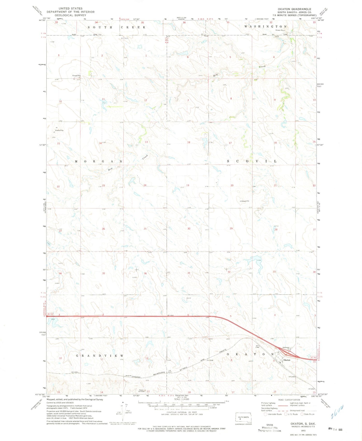 Classic USGS Okaton South Dakota 7.5'x7.5' Topo Map Image