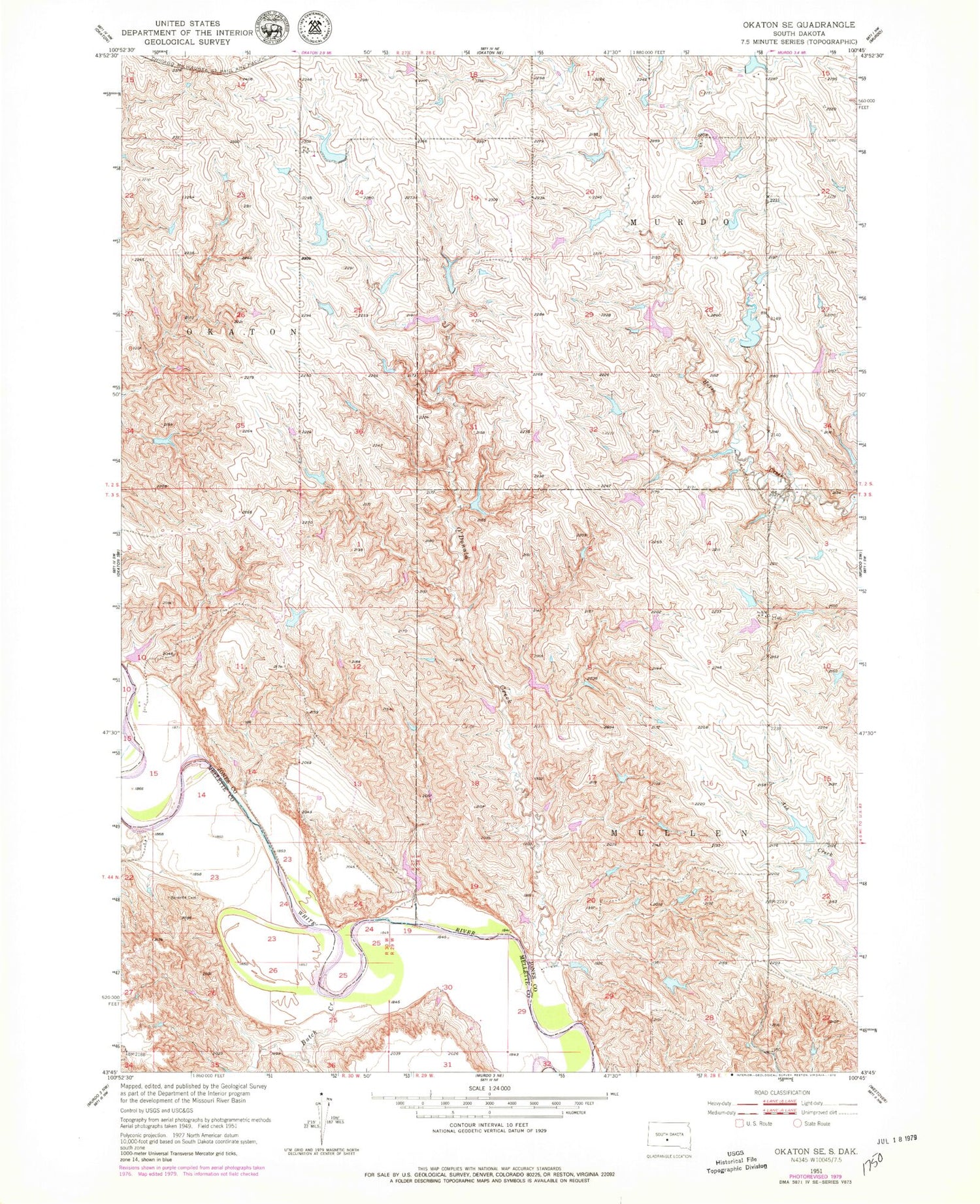 Classic USGS Okaton SE South Dakota 7.5'x7.5' Topo Map Image