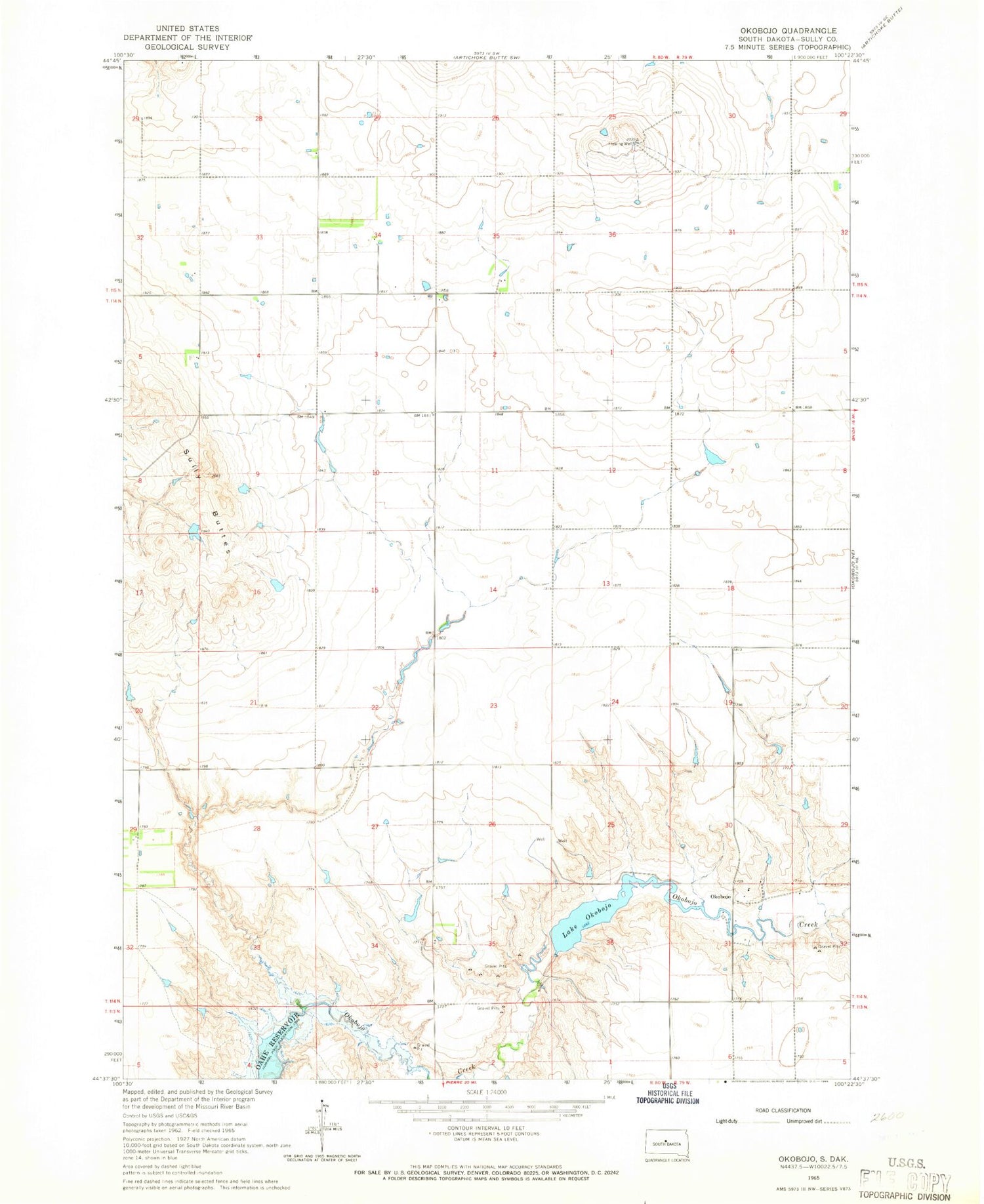 Classic USGS Okobojo South Dakota 7.5'x7.5' Topo Map Image