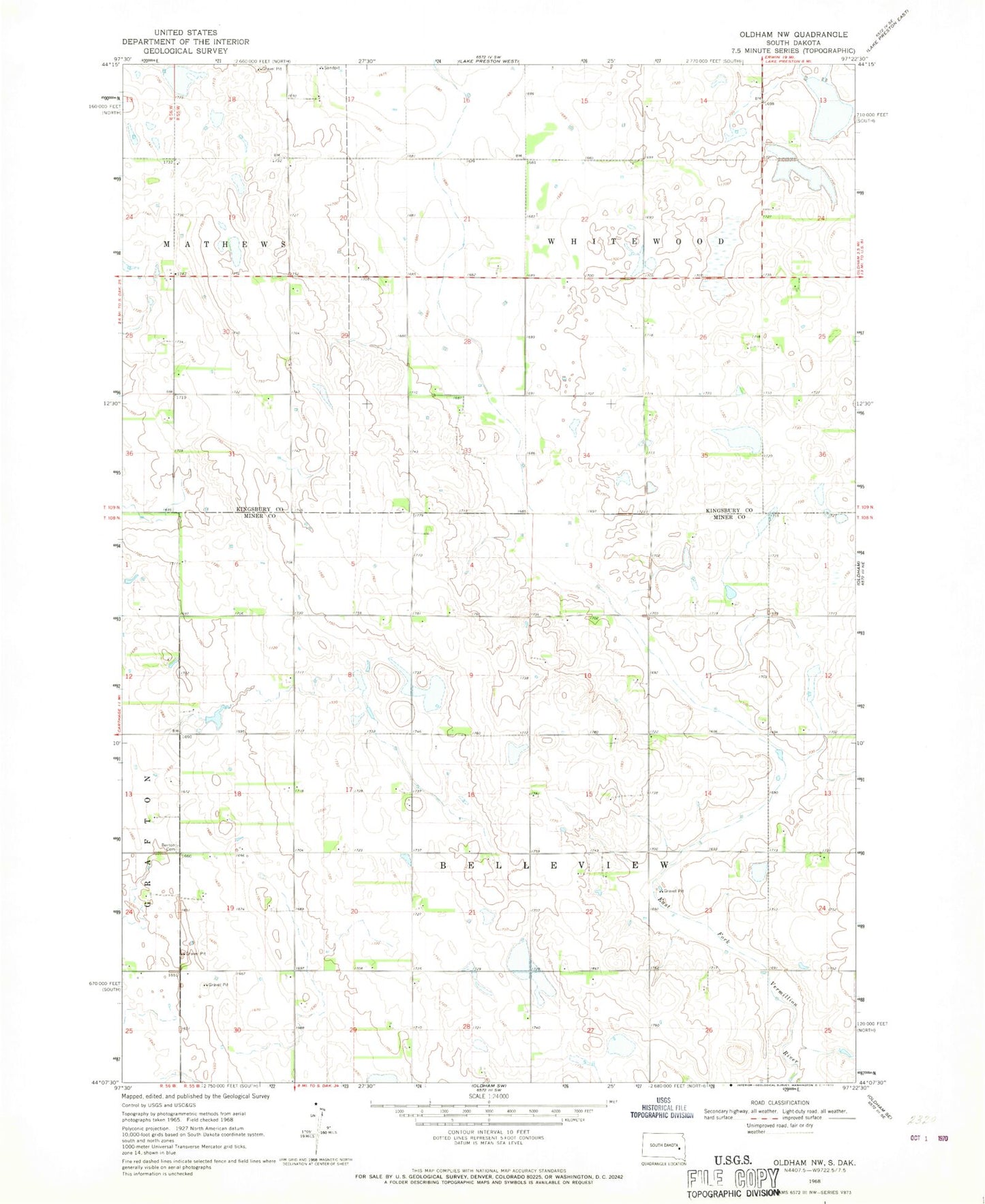 Classic USGS Oldham NW South Dakota 7.5'x7.5' Topo Map Image