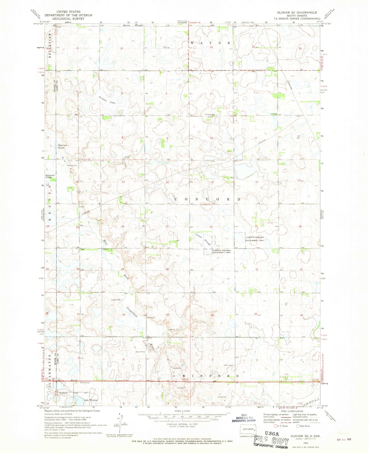 Classic USGS Oldham SE South Dakota 7.5'x7.5' Topo Map Image
