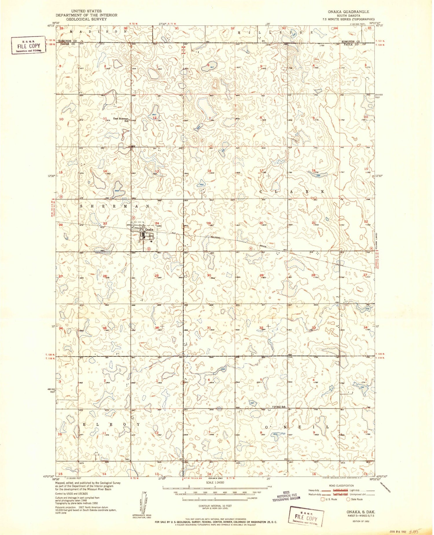 Classic USGS Onaka South Dakota 7.5'x7.5' Topo Map Image