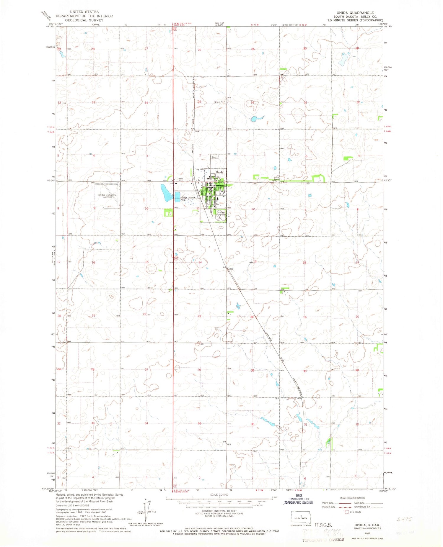 Classic USGS Onaka South Dakota 7.5'x7.5' Topo Map Image